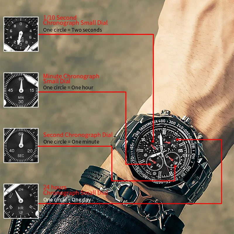 2024 WWOOR Men's Watch Top Brand Luxury Black Wrist Watch Fashion Sports Chronograph Steel Quartz Men Watches Relogio Masculino