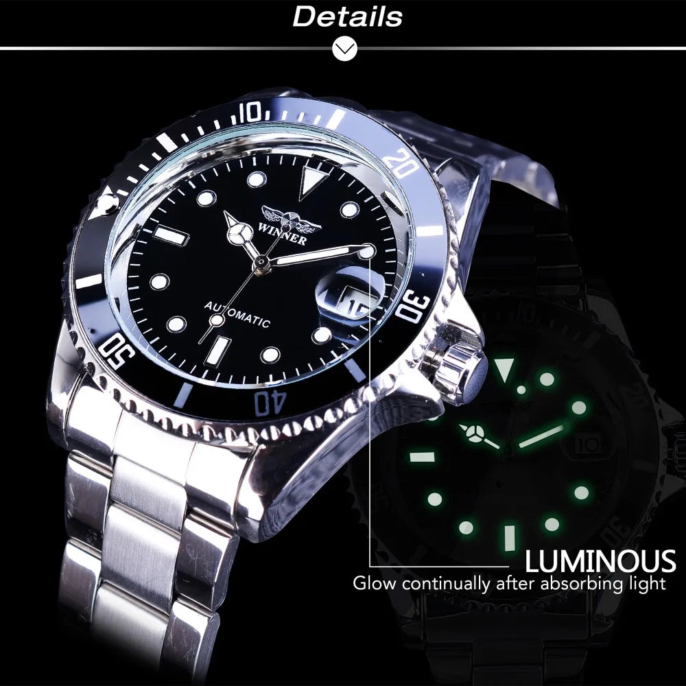 Winner New Top Brand Luxury Automatic Man Wristwatches Fashion Sport Mechanical Watch Black Dial Luminous Hands Steel Mens Clock