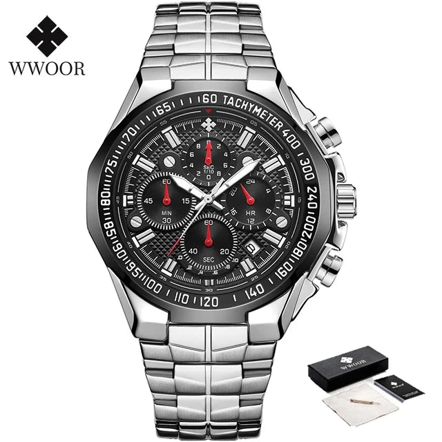 2024 WWOOR Men's Watch Top Brand Luxury Black Wrist Watch Fashion Sports Chronograph Steel Quartz Men Watches Relogio Masculino