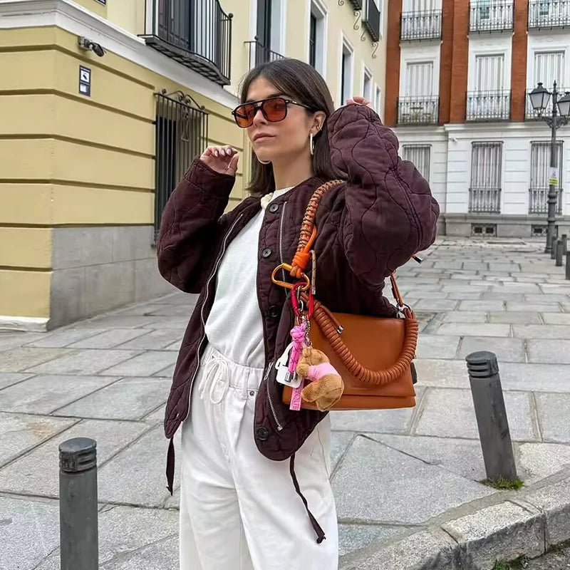 Women's Coats Fashion Casual Quilted O-Neck Long Sleeve Jackets Coats Woman Warm Parkas Female Outerwear Chic Tops