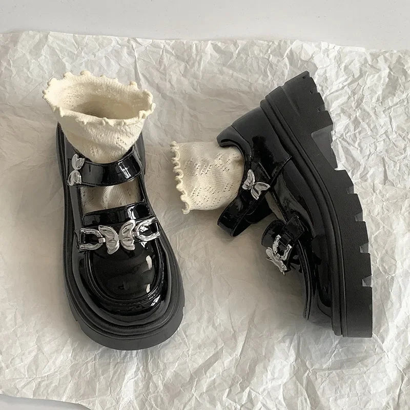 2025 Woman Elegant Shoes Spring New Fashion French Style Soft Non-slip Versatile Chic Butterfly Black Mary Jane Leather Shoes