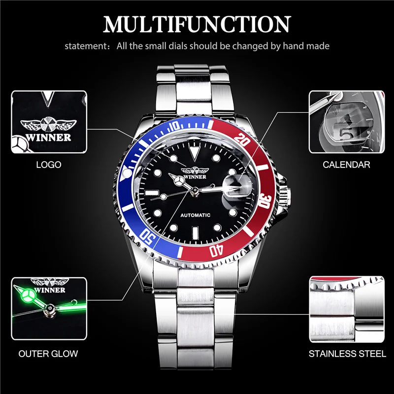 WINNER 002 Automatic Mechanical Wristwatch for Male Luminous Hands Date Fashion Stainless Steel And Leather Strap Clock Gifts