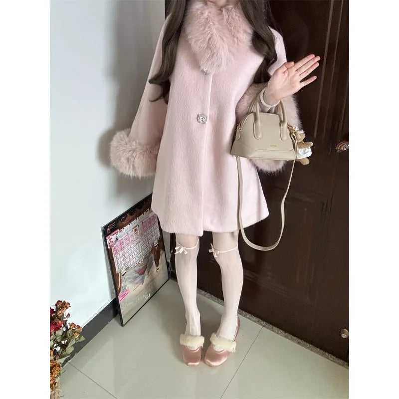 Women's Clothing Wealthy Family Rich Girl High-end Feel Warm Fur Collar Wool Coat Autumn Winter New Mid-length Coats Loose Tops