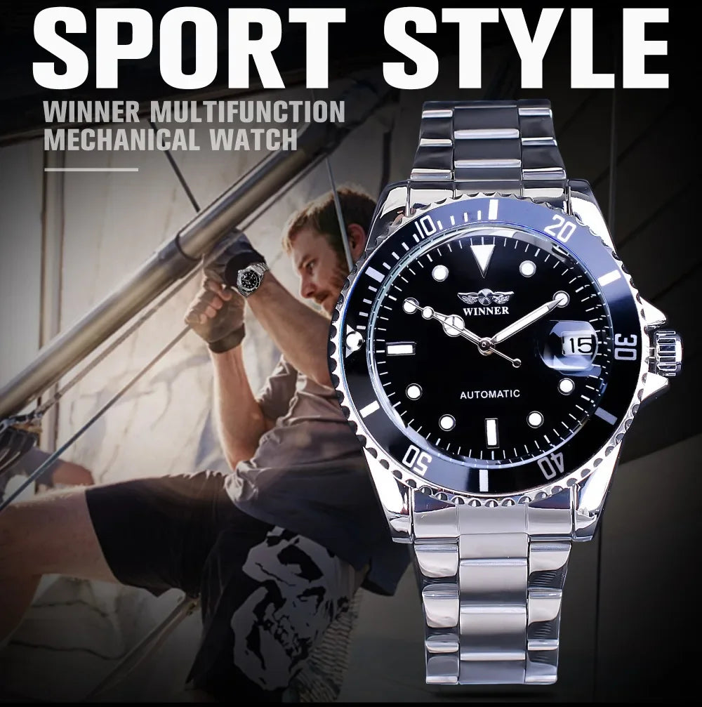 Winner New Top Brand Luxury Automatic Man Wristwatches Fashion Sport Mechanical Watch Black Dial Luminous Hands Steel Mens Clock