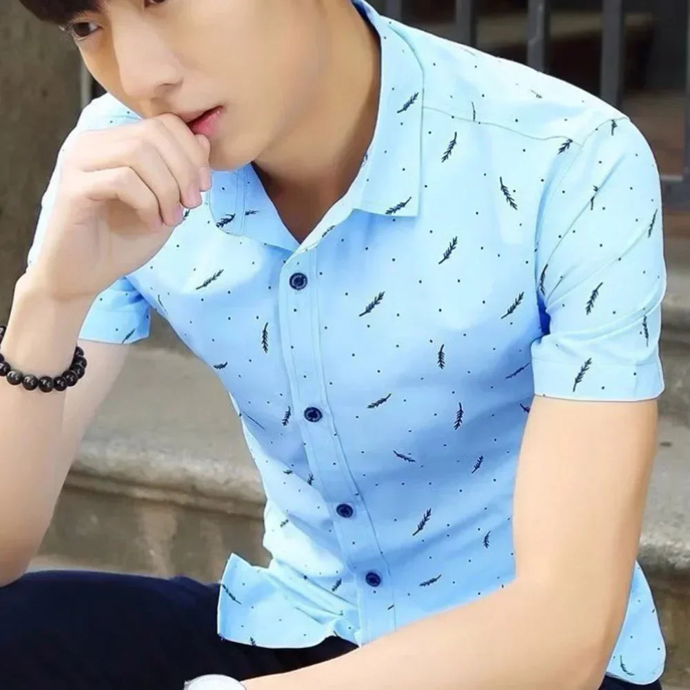 Men Shirt Short-sleeved Solid Color Fashion No Elasticity Outerwear Polyesterv Cardigan ClothesBlouse Comfortable