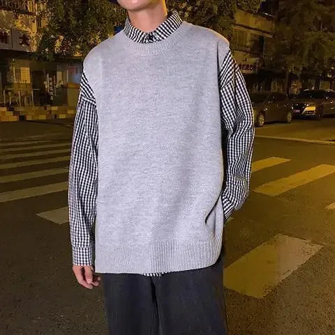 Man Clothes Plain Vest Solid Color Knitted Sweaters For Men Slit Jacket Waistcoat Coat Sleeveless Korean Style Overfit Baggy X