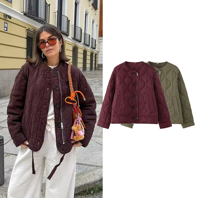 Women's Coats Fashion Casual Quilted O-Neck Long Sleeve Jackets Coats Woman Warm Parkas Female Outerwear Chic Tops