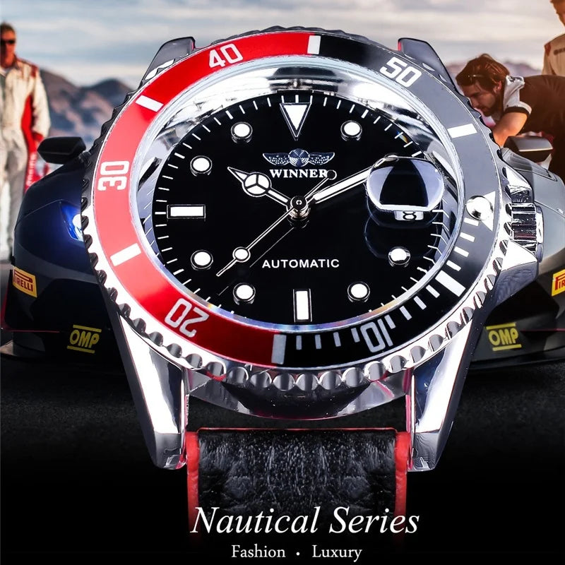 WINNER 002 Automatic Mechanical Wristwatch for Male Luminous Hands Date Fashion Stainless Steel And Leather Strap Clock Gifts