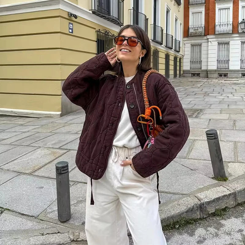 Women's Coats Fashion Casual Quilted O-Neck Long Sleeve Jackets Coats Woman Warm Parkas Female Outerwear Chic Tops