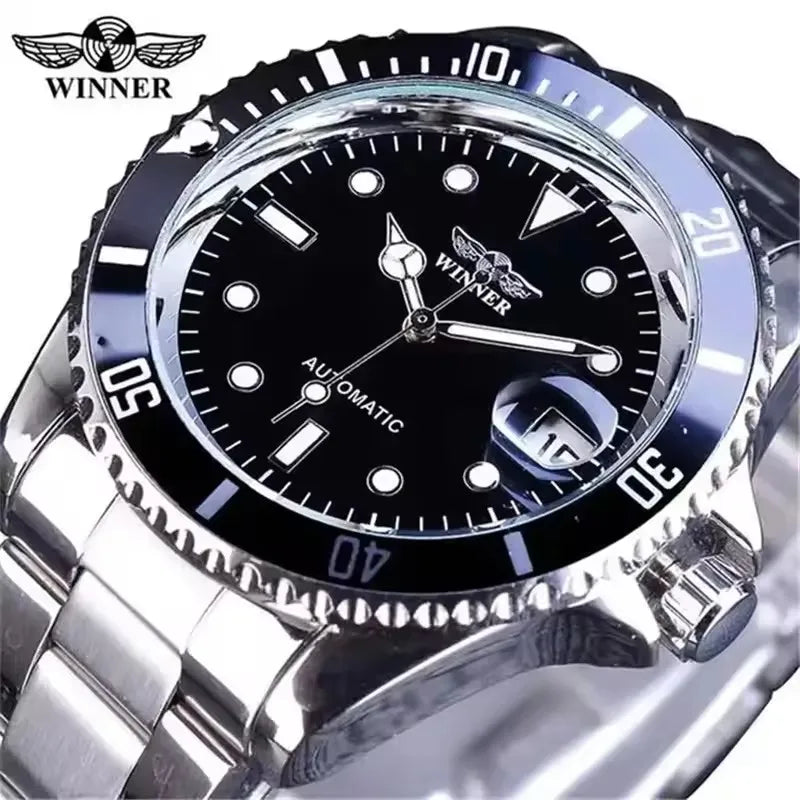 WINNER 002 Automatic Mechanical Wristwatch for Male Luminous Hands Date Fashion Stainless Steel And Leather Strap Clock Gifts