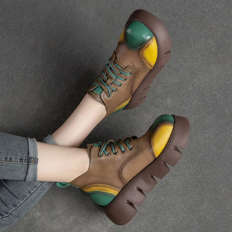 2026  Woman Shoes  Women's Boots Thick Sole Retro Flat Platform Shoes Genuine Leather Versatile Lace Up Pumps Casual Shoes