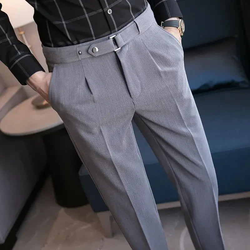 Tressed Trousers For Men Slim Fit White Blue Man Suits Pants Luxury Work Wear Classic Luxury Cheap Korean Style Clothes Formal