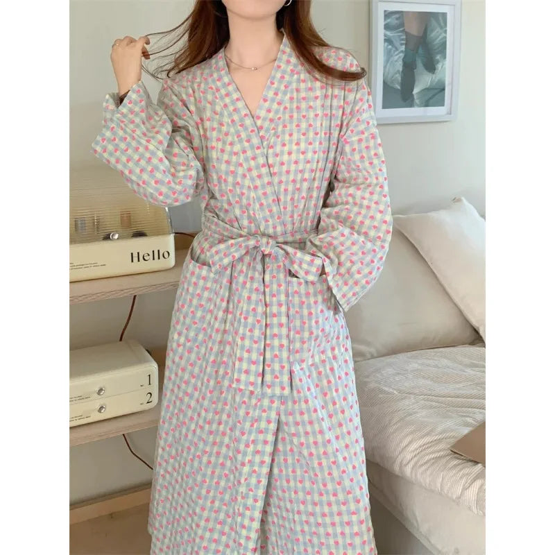 bathrobe women's bathing love plaid loose long sleeve long kimono V-neck lace up trousers nightgown sexy robe women's girl