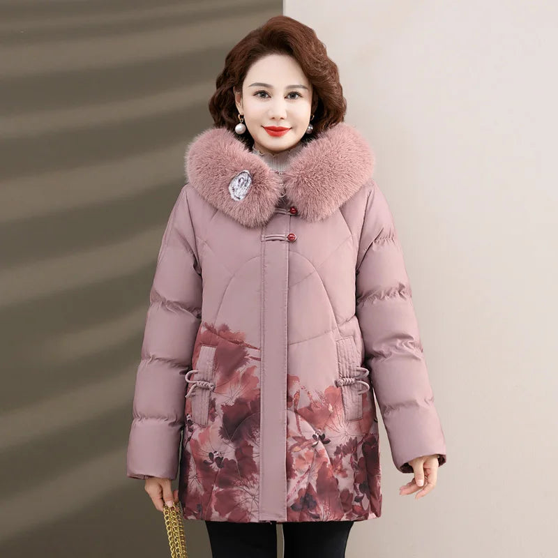 Women's Clothes Middle Aged Women Winter Jacket Long Warm Parkas Female printing Coat Thicken Cotton Padded Hooded Jacket