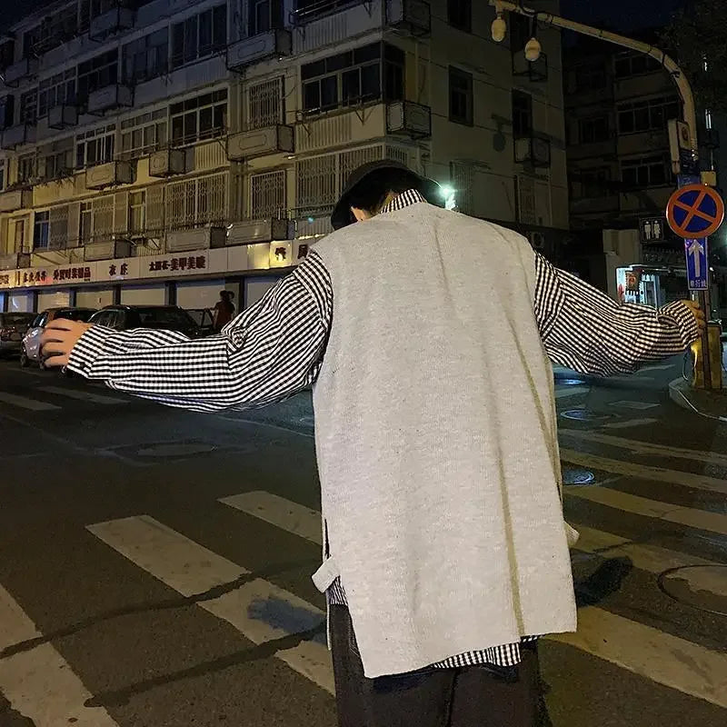 Man Clothes Plain Vest Solid Color Knitted Sweaters For Men Slit Jacket Waistcoat Coat Sleeveless Korean Style Overfit Baggy X