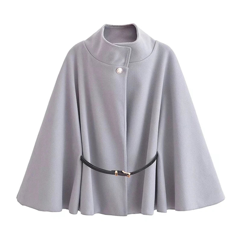 Women's Spring Fashion Cloak with Belt Simple Batwing Sleeves Adjustable Waist Strap Elegant Coat for Ladies