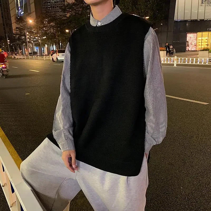 Man Clothes Plain Vest Solid Color Knitted Sweaters For Men Slit Jacket Waistcoat Coat Sleeveless Korean Style Overfit Baggy X