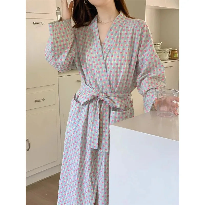 bathrobe women's bathing love plaid loose long sleeve long kimono V-neck lace up trousers nightgown sexy robe women's girl