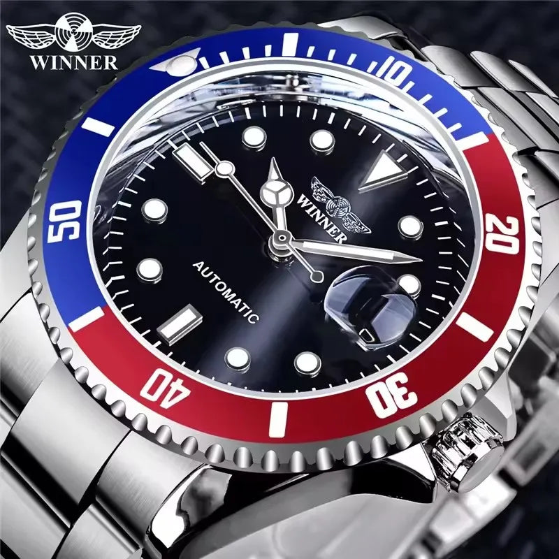 WINNER 002 Automatic Mechanical Wristwatch for Male Luminous Hands Date Fashion Stainless Steel And Leather Strap Clock Gifts