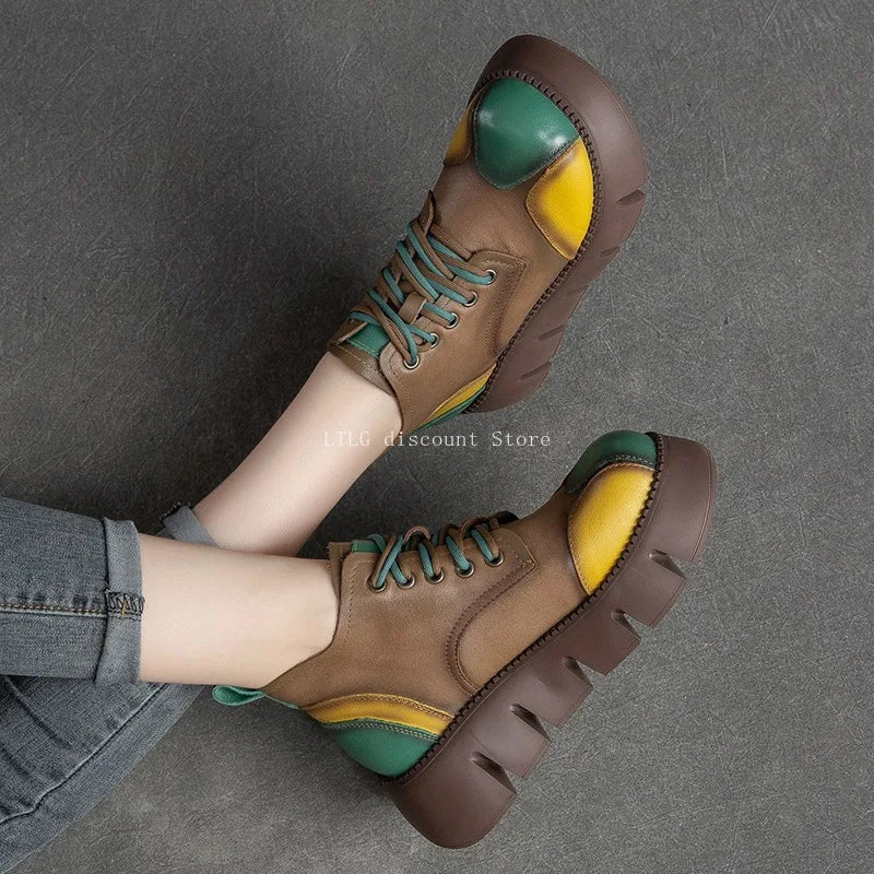 2026  Woman Shoes  Women's Boots Thick Sole Retro Flat Platform Shoes Genuine Leather Versatile Lace Up Pumps Casual Shoes