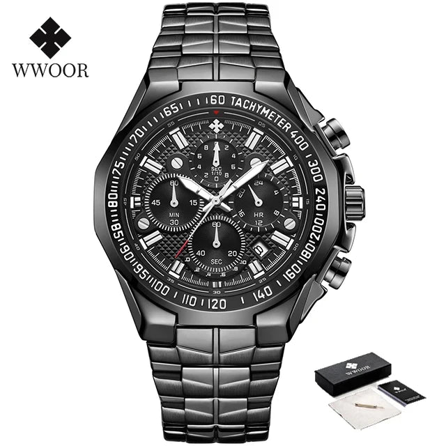 2024 WWOOR Men's Watch Top Brand Luxury Black Wrist Watch Fashion Sports Chronograph Steel Quartz Men Watches Relogio Masculino
