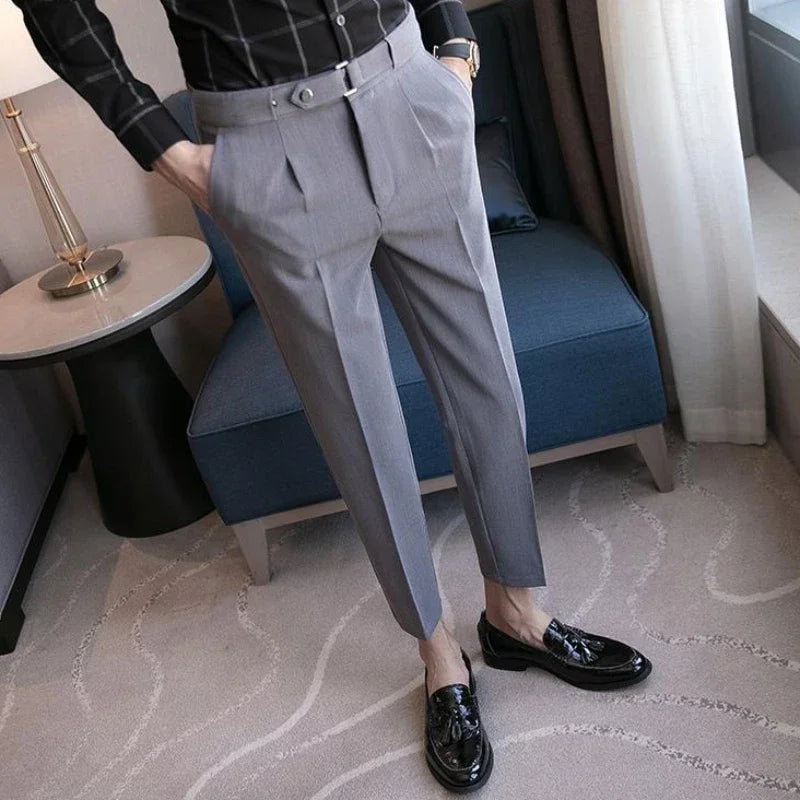 Tressed Trousers For Men Slim Fit White Blue Man Suits Pants Luxury Work Wear Classic Luxury Cheap Korean Style Clothes Formal