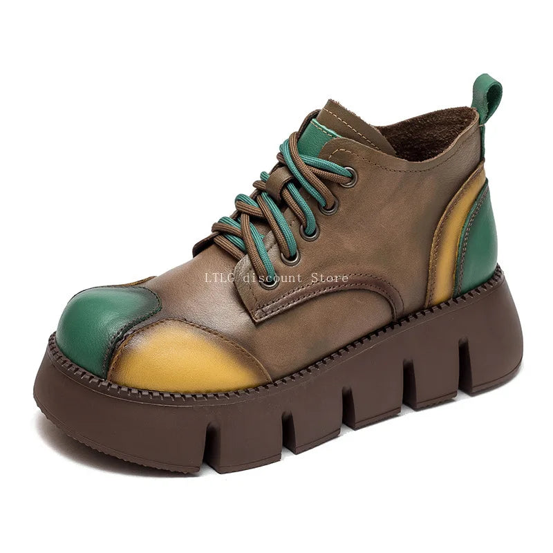 2026  Woman Shoes  Women's Boots Thick Sole Retro Flat Platform Shoes Genuine Leather Versatile Lace Up Pumps Casual Shoes