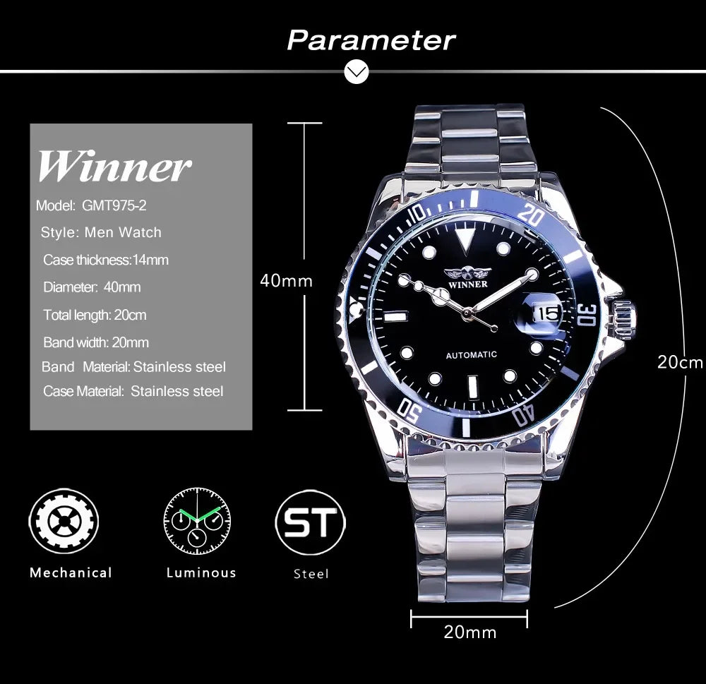Winner New Top Brand Luxury Automatic Man Wristwatches Fashion Sport Mechanical Watch Black Dial Luminous Hands Steel Mens Clock