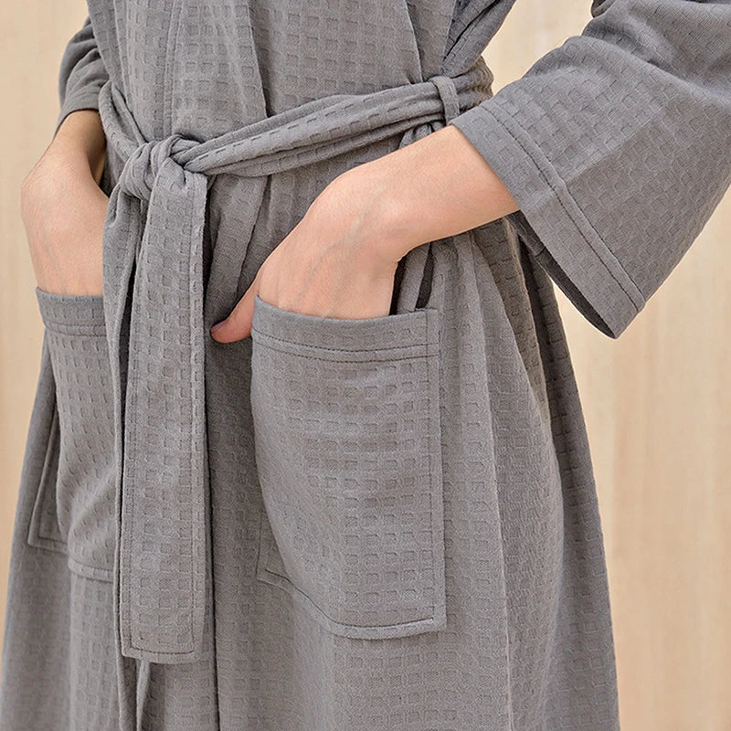 Men Women Bathrobe Waffle Transparent Summer Thin Robe Shower Plaid Dressing Gown Knee Length Breathable Nightgown Home Cloth