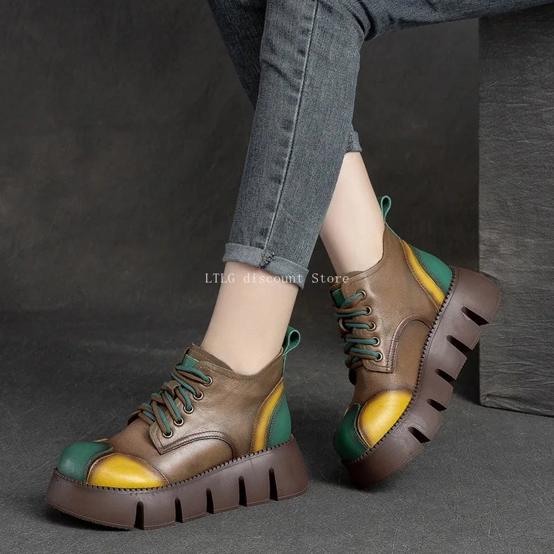 2026  Woman Shoes  Women's Boots Thick Sole Retro Flat Platform Shoes Genuine Leather Versatile Lace Up Pumps Casual Shoes