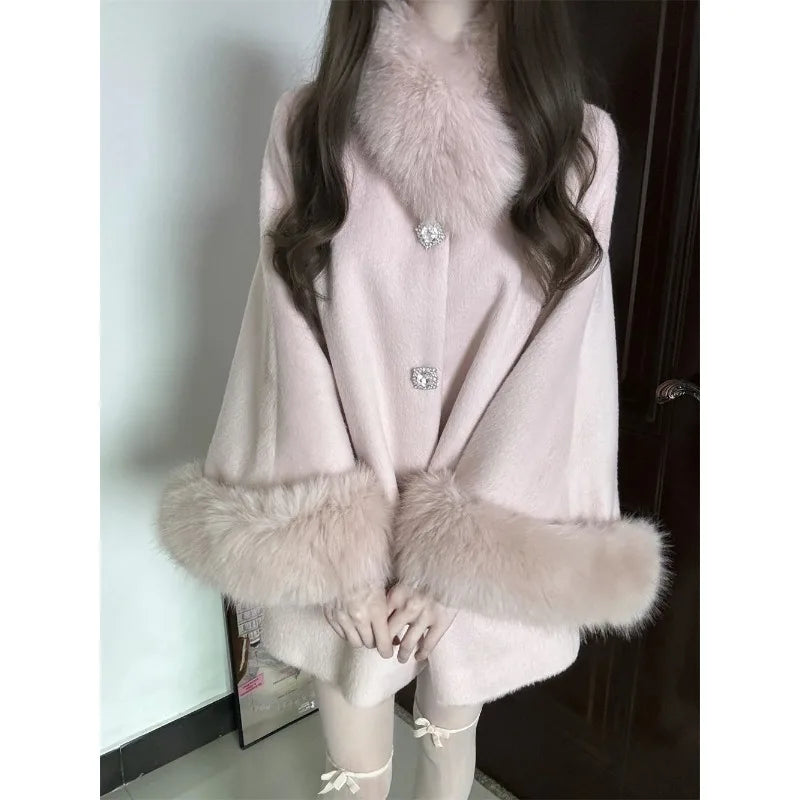 Women's Clothing Wealthy Family Rich Girl High-end Feel Warm Fur Collar Wool Coat Autumn Winter New Mid-length Coats Loose Tops