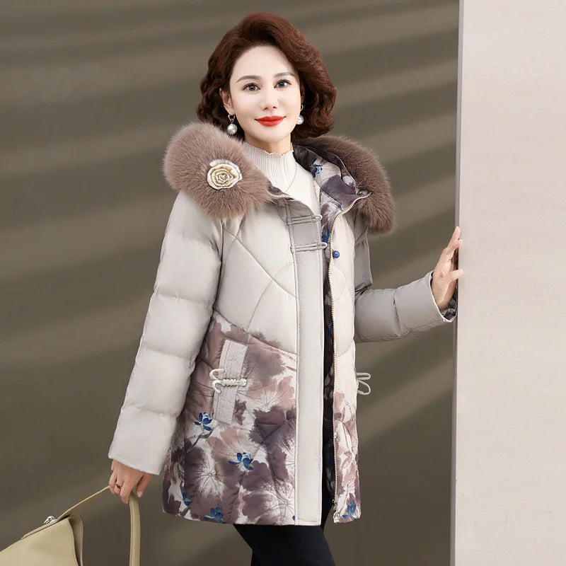 Women's Clothes Middle Aged Women Winter Jacket Long Warm Parkas Female printing Coat Thicken Cotton Padded Hooded Jacket