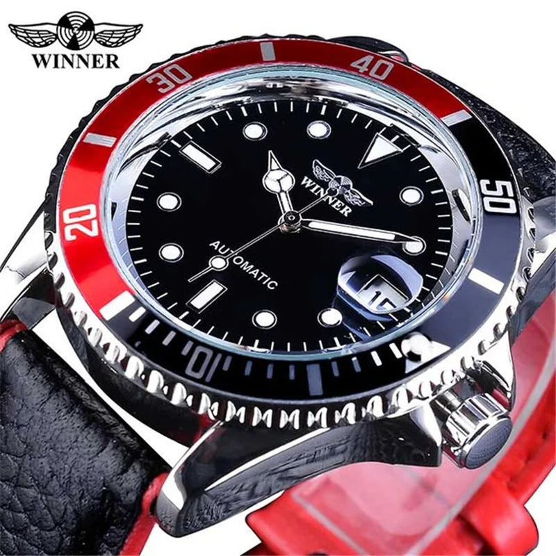 WINNER 002 Automatic Mechanical Wristwatch for Male Luminous Hands Date Fashion Stainless Steel And Leather Strap Clock Gifts