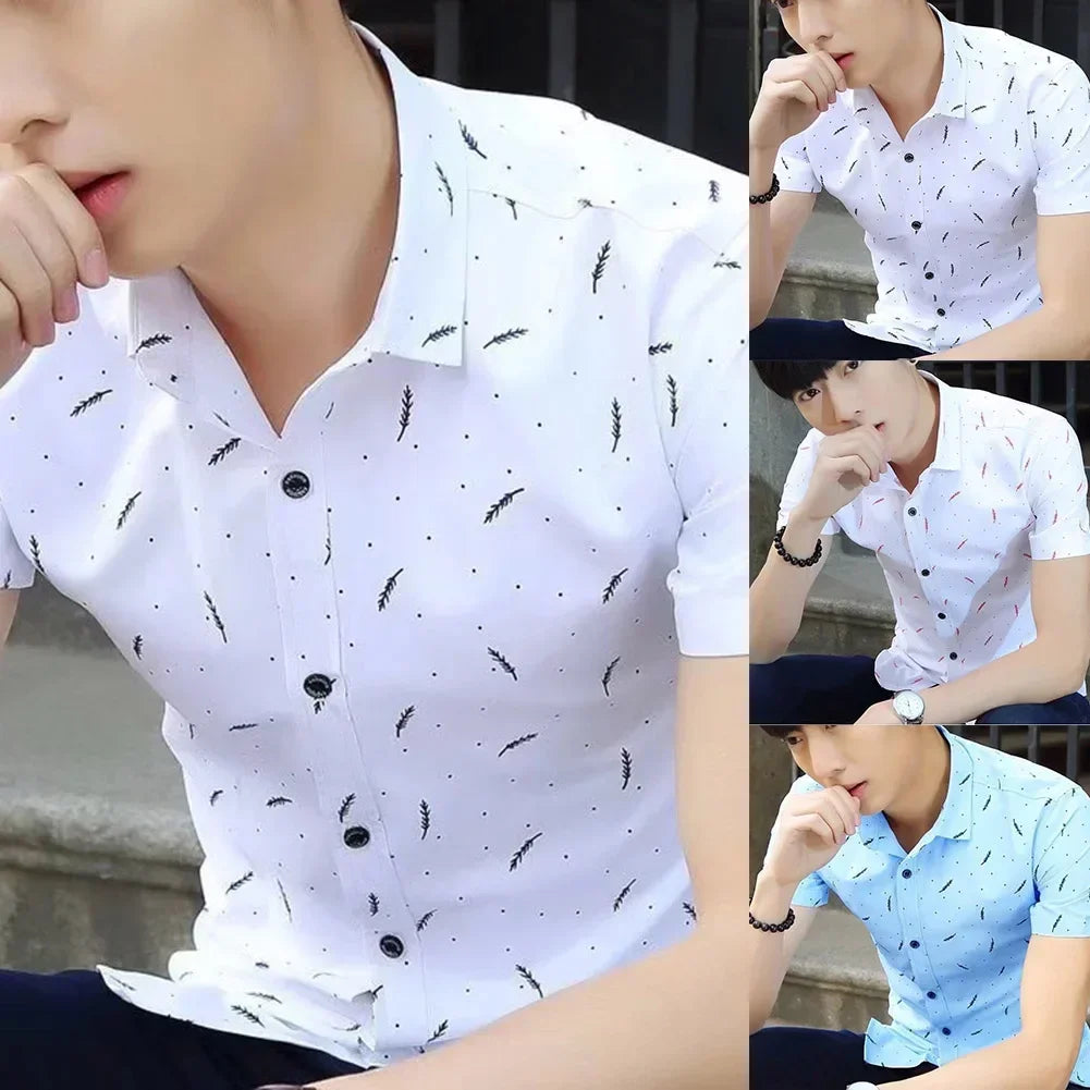 Men Shirt Short-sleeved Solid Color Fashion No Elasticity Outerwear Polyesterv Cardigan ClothesBlouse Comfortable