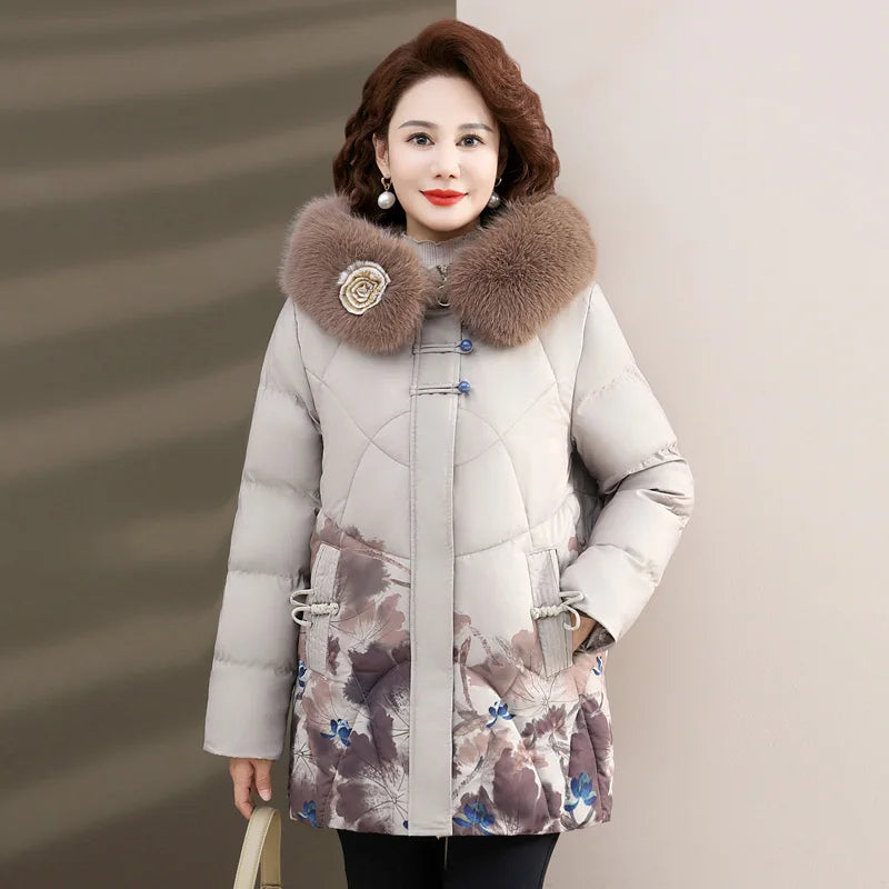 Women's Clothes Middle Aged Women Winter Jacket Long Warm Parkas Female printing Coat Thicken Cotton Padded Hooded Jacket