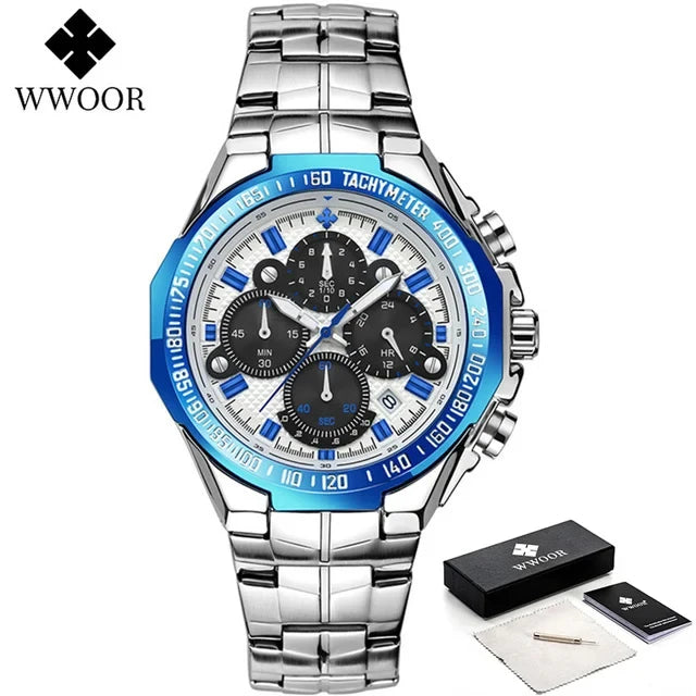 2024 WWOOR Men's Watch Top Brand Luxury Black Wrist Watch Fashion Sports Chronograph Steel Quartz Men Watches Relogio Masculino