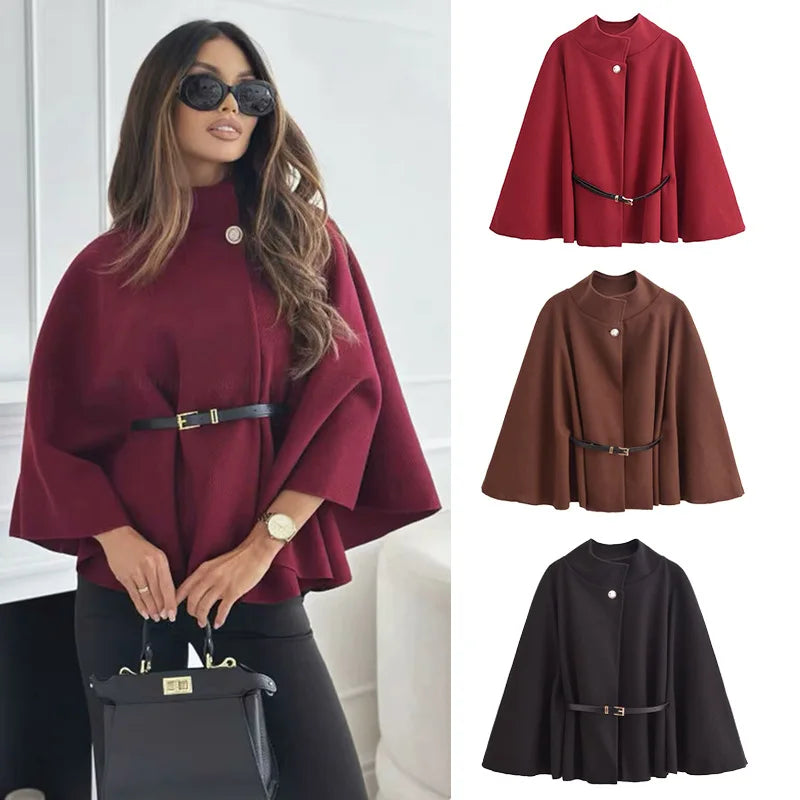 Women's Spring Fashion Cloak with Belt Simple Batwing Sleeves Adjustable Waist Strap Elegant Coat for Ladies