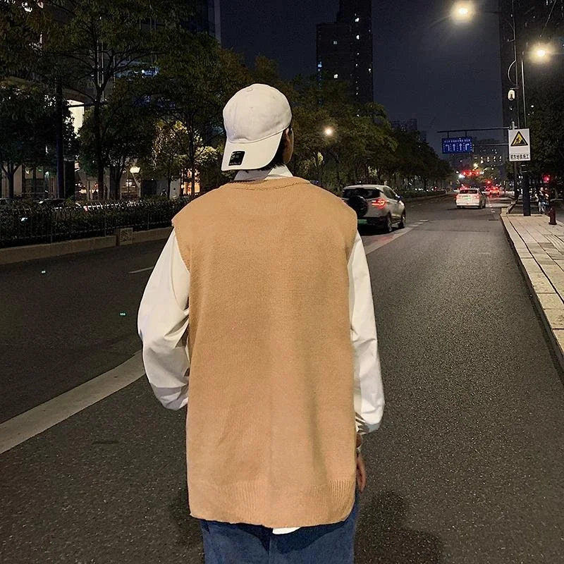 Man Clothes Plain Vest Solid Color Knitted Sweaters For Men Slit Jacket Waistcoat Coat Sleeveless Korean Style Overfit Baggy X
