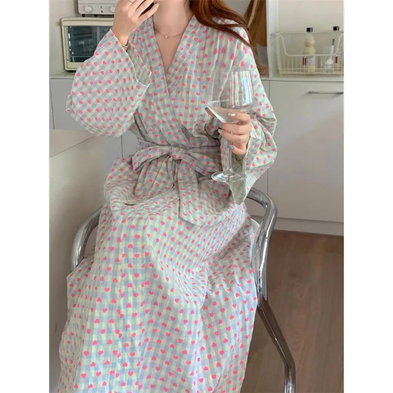 bathrobe women's bathing love plaid loose long sleeve long kimono V-neck lace up trousers nightgown sexy robe women's girl