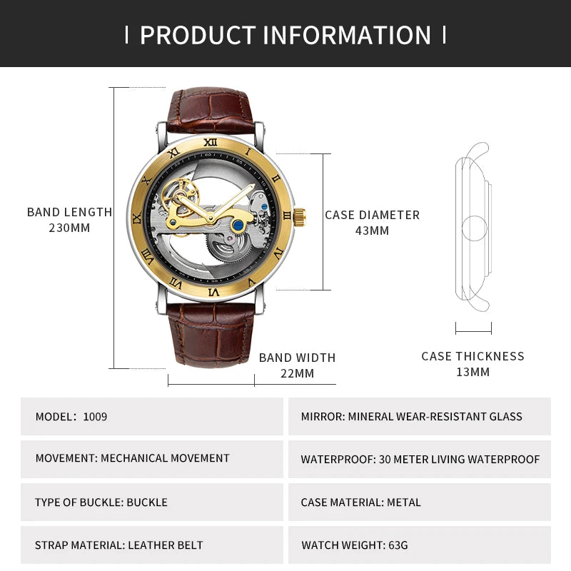 Mechanical Wristwatches Watches for Man Watches Golden Bridge Skeleton Automatic Mechanical Mens Watch reloj hombre montre homme
