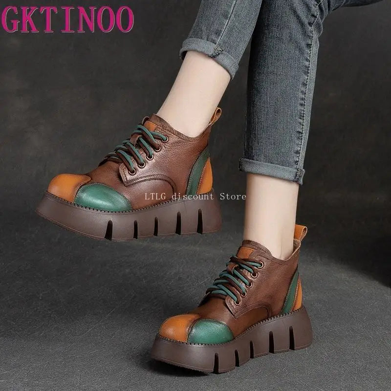 2026  Woman Shoes  Women's Boots Thick Sole Retro Flat Platform Shoes Genuine Leather Versatile Lace Up Pumps Casual Shoes