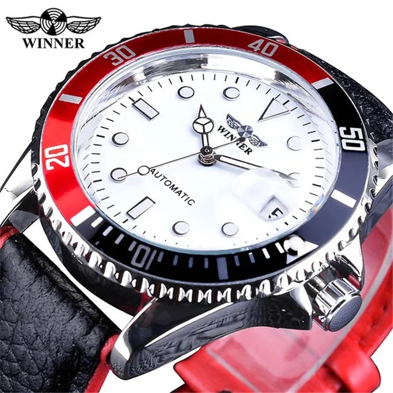 WINNER 002 Automatic Mechanical Wristwatch for Male Luminous Hands Date Fashion Stainless Steel And Leather Strap Clock Gifts
