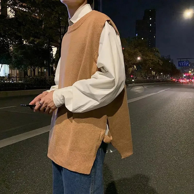 Man Clothes Plain Vest Solid Color Knitted Sweaters For Men Slit Jacket Waistcoat Coat Sleeveless Korean Style Overfit Baggy X