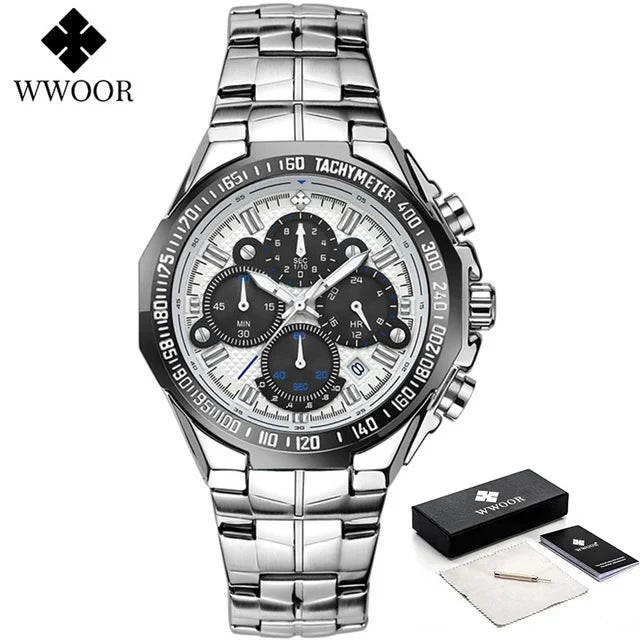 2024 WWOOR Men's Watch Top Brand Luxury Black Wrist Watch Fashion Sports Chronograph Steel Quartz Men Watches Relogio Masculino